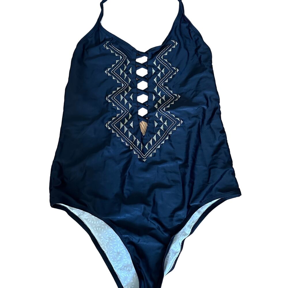 CLEOBELLA TURQUOISE | Halter Neck Gold Embroidered Swimsuit | Size Large